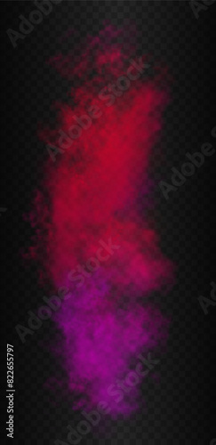 Vertical gradient violet, magenta and red colors smoke. Vector realistic cloud isolated on the semi transparent dark background. Holi festival style