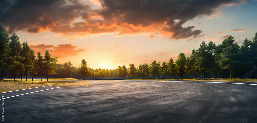 Empty race track and green woods nature landscape at sunset Empty race track and green woods nature landscape at sunset