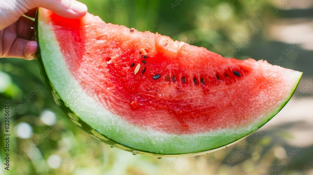 Close-up of a hand holding a slice of watermelon. A person grips a watermelon wedge. Concept of summer fruit, food enjoyment, freshness, and healthy eating Close-up of a hand holding a slice of watermelon. A person grips a watermelon wedge. Concept of summer fruit, food enjoyment, freshness, and healthy eating