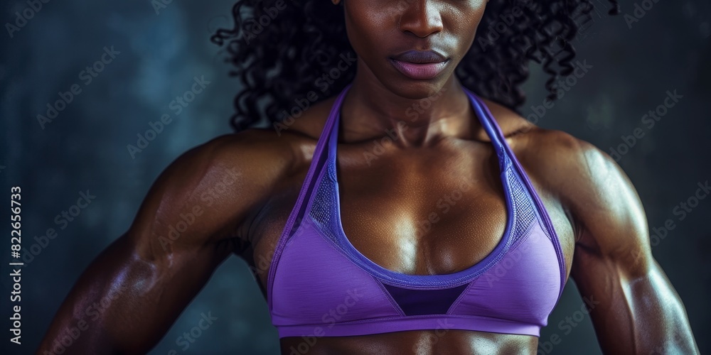Obraz premium Afro American fitness model torso in purple top with well defined abdominal muscles .