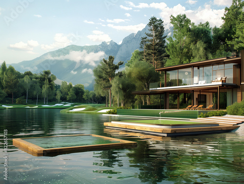 esign a luxurious lakeside house similar to the one shown, with a wooden deck, an infinity pool, and modern architecture.  photo