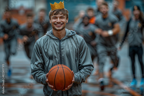 a male basketball player with a ball in his hands and a crown on his head stands on the sports field in the hall