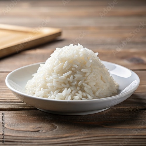 White Bowl Filled With Rice on Wooden Table. Generative AI