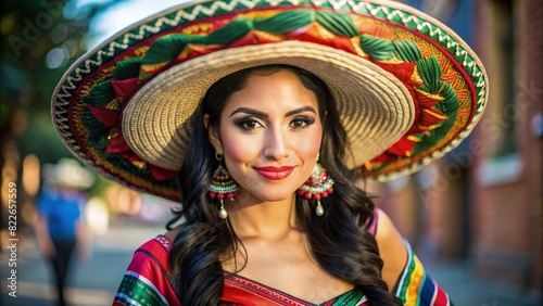 Woman Wearing Mexican Hat and Earrings. Generative AI