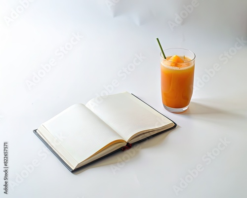 Open Book Beside Glass of Orange Juice. Generative AI