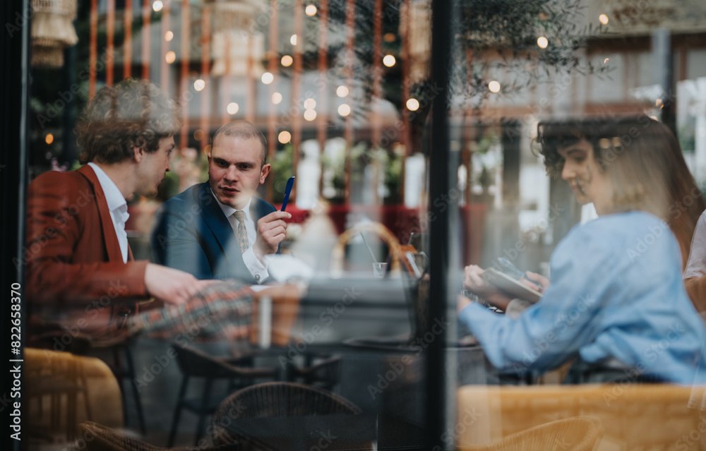 Business professionals having a casual meeting at an outdoor cafe, discussing work and collaborating on projects. Business professionals having a casual meeting at an outdoor cafe, discussing work and collaborating on projects.