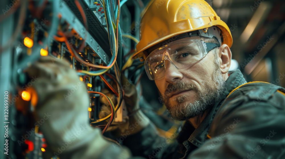 Close-up of an electrician wearing a hard hat and safety goggles, adjusting wires on a circuit board in an industrial setting. Close-up of an electrician wearing a hard hat and safety goggles, adjusting wires on a circuit board in an industrial setting.