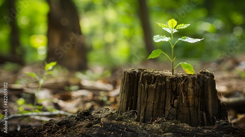 Young Tree Growing on Old Cut Down Stump in Forest © MD