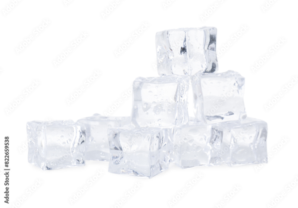 Many crystal clear ice cubes isolated on white Many crystal clear ice cubes isolated on white