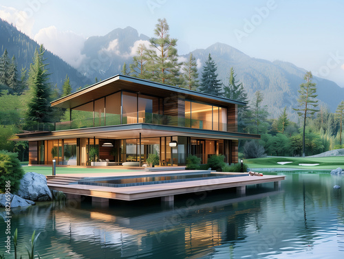 A contemporary luxury villa nestled on the shores of a vast lake, surrounded by untouched nature, no other houses in sight.