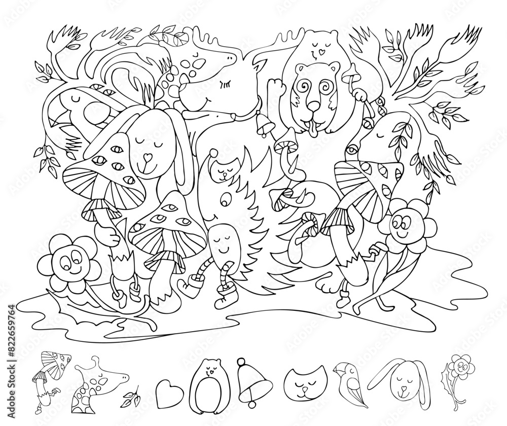 Obraz premium Find and color the hidden objects. Psychedelic mushroom, flowers and animals. Funny puzzle educational game. Coloring page. Sketch Vector illustration.