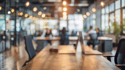 Blurred modern office background. Blurred image of a modern office space with wooden desks, chairs, and warm lighting, perfect for backgrounds and website designs. photo