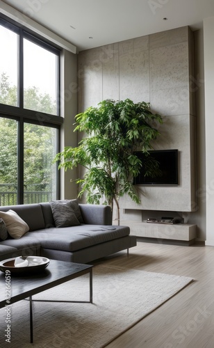 gray and marble luxury living room interior with sleek furniture and a vertical garden