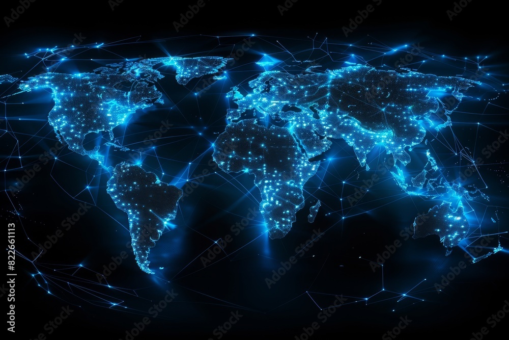 A world map made of glowing blue connections, highlighting global network and connectivity on a black background Generative AI A world map made of glowing blue connections, highlighting global network and connectivity on a black background Generative AI