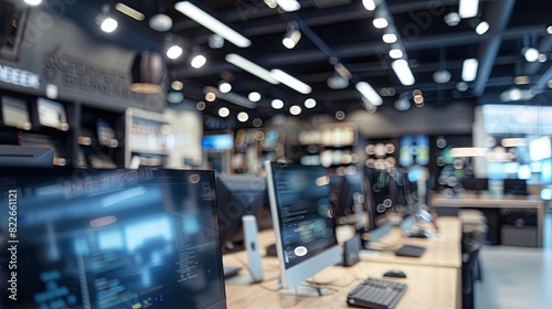 Blurred Computer Store Background, Charcoal defocused business interior, modern concept photo