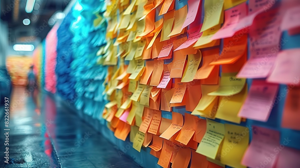 Fototapeta premium Colorful sticky notes covering a wall, representing ideas, tasks, and reminders.