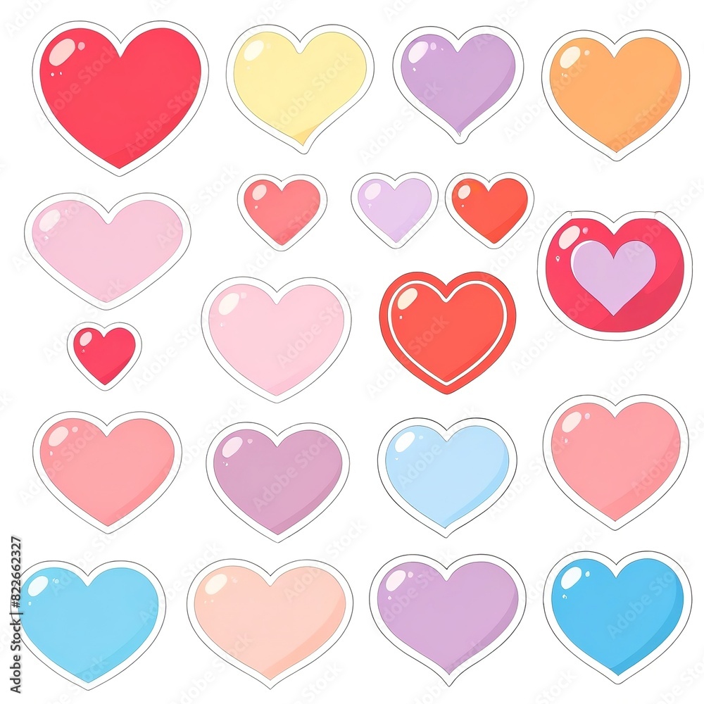 set of stickers of different red Valentine's hearts