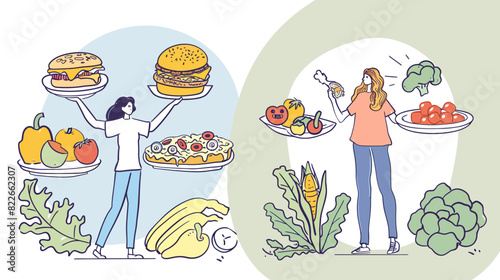 Healthy and Unhealthy Eating: Colorful Illustration of Dietary Options	
