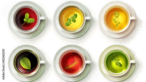 Assorted freshly brewed teas in colorful cups with natural ingredients - display case from above	
