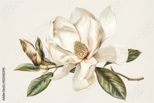 Elegant vintage botanical illustration depicting a blooming magnolia with leaves and bud, rendered in exquisite detail on a neutral background
