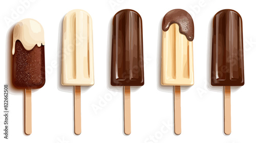 Assorted ice cream bars with chocolate glaze on sticks isolated on white background	
