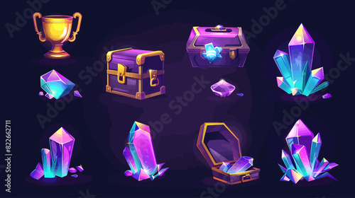 Charming collection of shimmering purple crystals, treasure chests and golden trophy on a dark background - digital art illustration