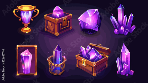 Charming collection of shimmering purple crystals, treasure chests and golden trophy on a dark background - digital art illustration