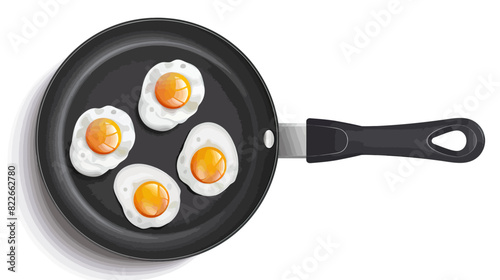 eggs sunny side up on black non-stick frying pan isolated on white	
