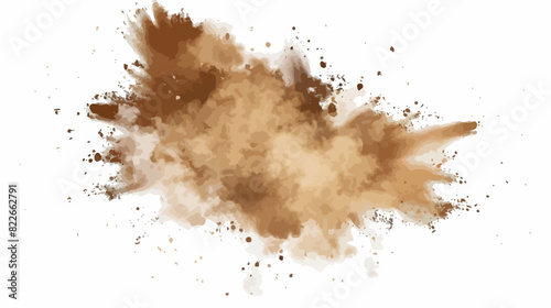 Dynamic explosion of brown powder isolated on white - energetic dust cloud explosion 