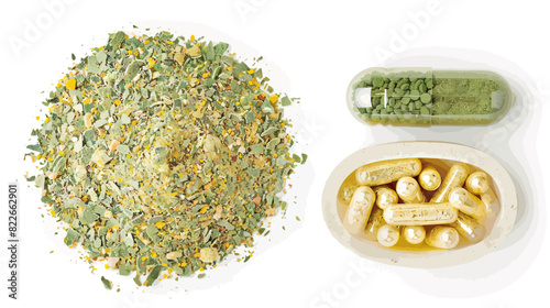 Variety of natural supplements: loose powder, encapsulated powder and oil capsules