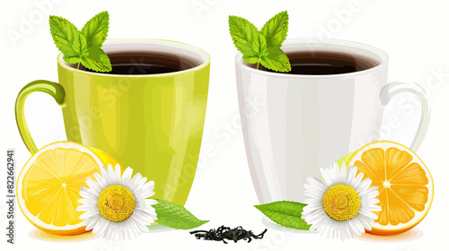 Cozy herbal tea time: two cups with a slice of lemon and mint leaf isolated on white	
