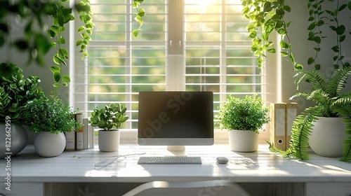 Modern home office with plants and natural light.