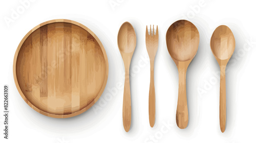 Eco-friendly bamboo kitchen set on white  plate  cutlery  