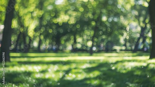 Blurred green park background. Blurred park with green grass and trees bathed in sunlight. Ideal for nature and environmental themes.