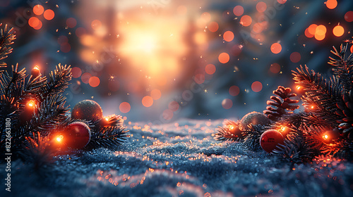 Winter Landscape with Blurred Christmas Background and Xmas Lights photo