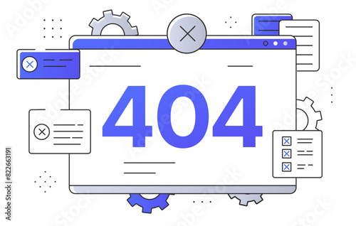 404 problem concept. Website or webpage template. Maintenance work. Something went wrong. Computer and laptop screen. Linear flat vector illustration isolated on white background