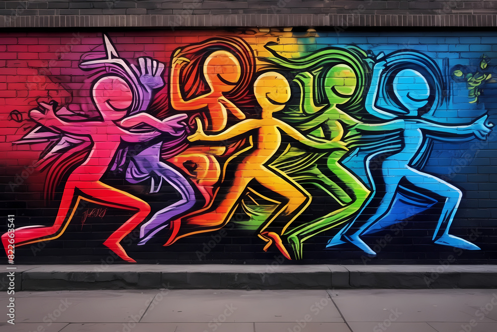 Description: A vibrant and crazy illustration showcases a graffiti wall adorned with colorful abstract dancing figures, exuding an energetic and lively atmosphere of urban expression. Description: A vibrant and crazy illustration showcases a graffiti wall adorned with colorful abstract dancing figures, exuding an energetic and lively atmosphere of urban expression.