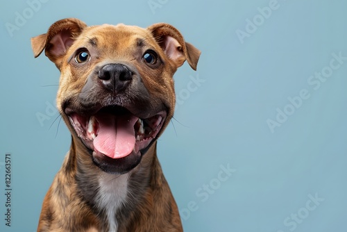 Happy dog looks funny Looking up at the sky with tongue out and mouth open on a light blue background. There is copy space. You can add interesting messages to attract the attention of pet lovers.