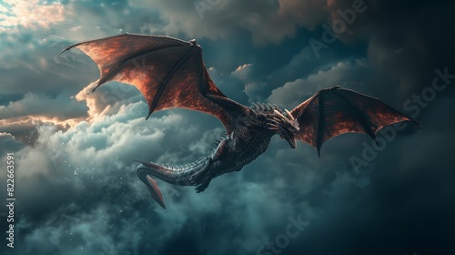 Large Red Dragon Flying Through Cloudy Sky