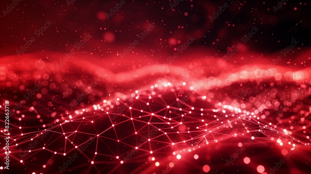 Obraz premium Red technological flow landscape background. Technical connections on a digital field.