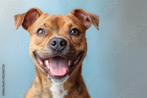 Happy dog looks funny Looking up at the sky with tongue out and mouth open on a light blue background. There is copy space. You can add interesting messages to attract the attention of pet lovers.