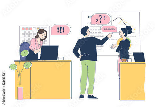 Peer review concept. A man and a woman arguing in the workplace. Negative feelings and emotions, conflict between colleagues. Line art style flat vector illustration on white background