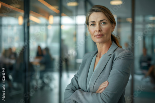 Professional businesswoman standing with arms crossed in a contemporary office setting, exuding confidence and leadership with team in background