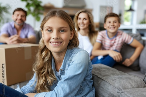 Smiling Boy with Moving Box in Bright Modern Living Room  Joyful Unpacking and Relocation in Cheerful Daylight Photography