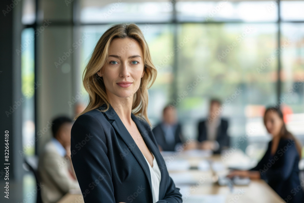 Portrait of a poised businesswoman with a focused gaze, standing in a well-lit office environment, colleagues collaborating in the background Portrait of a poised businesswoman with a focused gaze, standing in a well-lit office environment, colleagues collaborating in the background