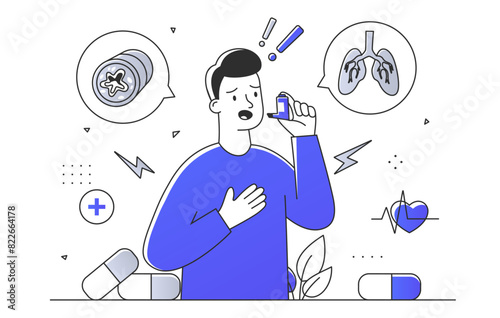 Asthma attack concept. Young guy with inhalator care about health. Treatment and medicine, diagnosis. Breathing problems. Line art style flat vector illustration isolated on white background
