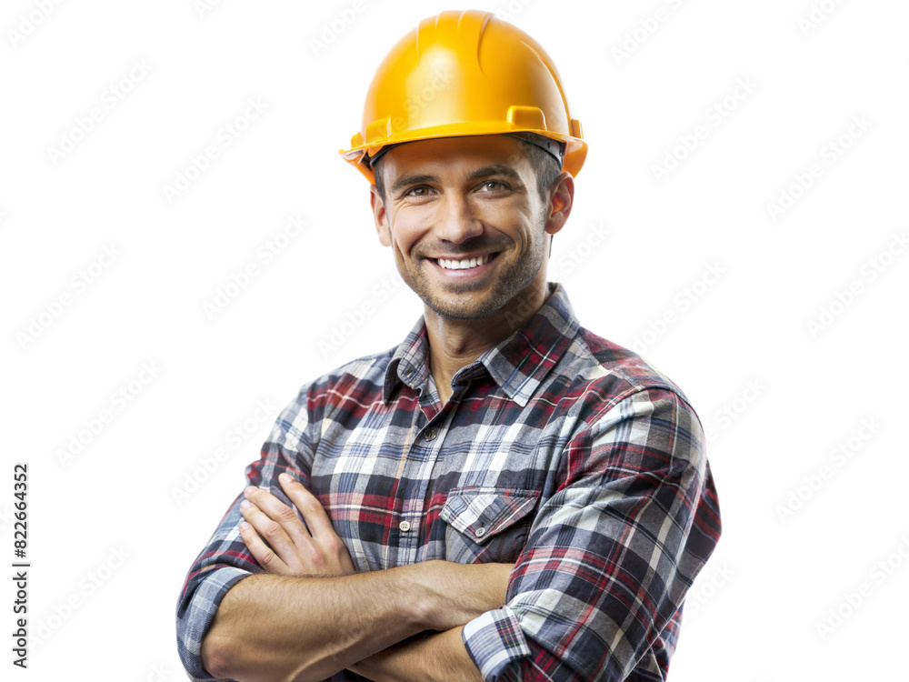 A man wearing a yellow hard hat and a plaid shirt is smiling