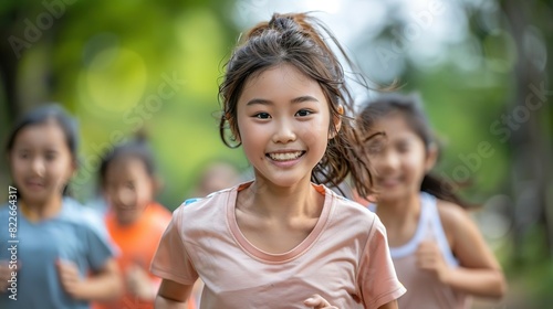 Smiling girl running with friends in park