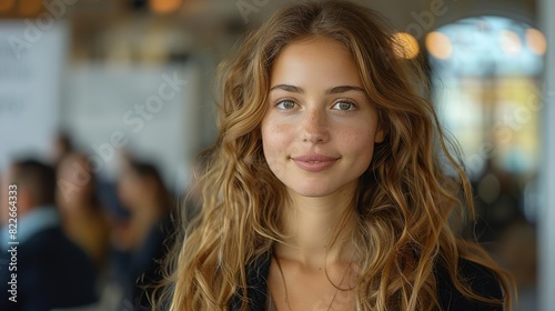 Young woman with long wavy hair smiling at the camera.