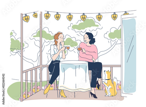 Women resting on the balcony or patio. Two girls sitting with hot drinks and talking to each other. Friends with tea or coffee at spring. Line art style flat vector illustration on white background